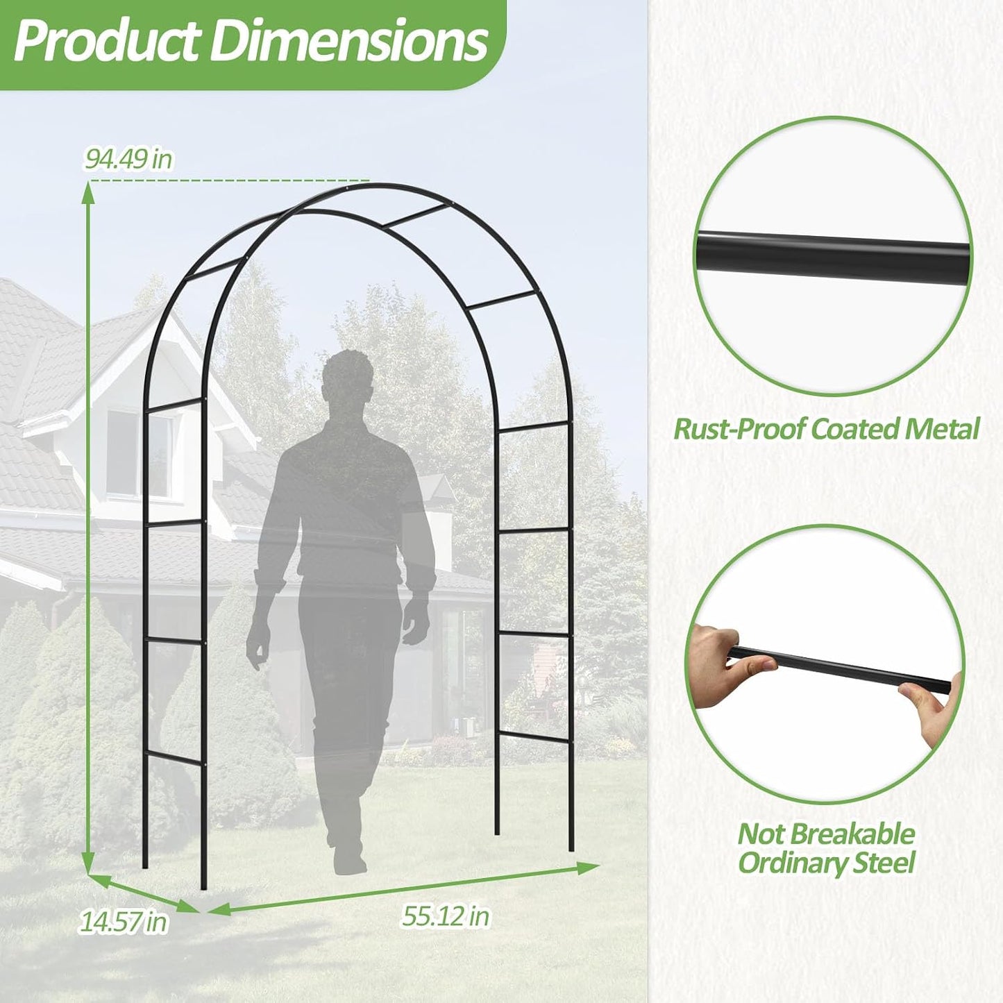 Garden Arch Trellis for Climbing Plants Outdoor - Height: 94.5", Length: 55", Sturdy Metal Garden Arbor with Rust-Proof Coating, Garden Arch for Wedding Decorations and Balloon Arch Stand