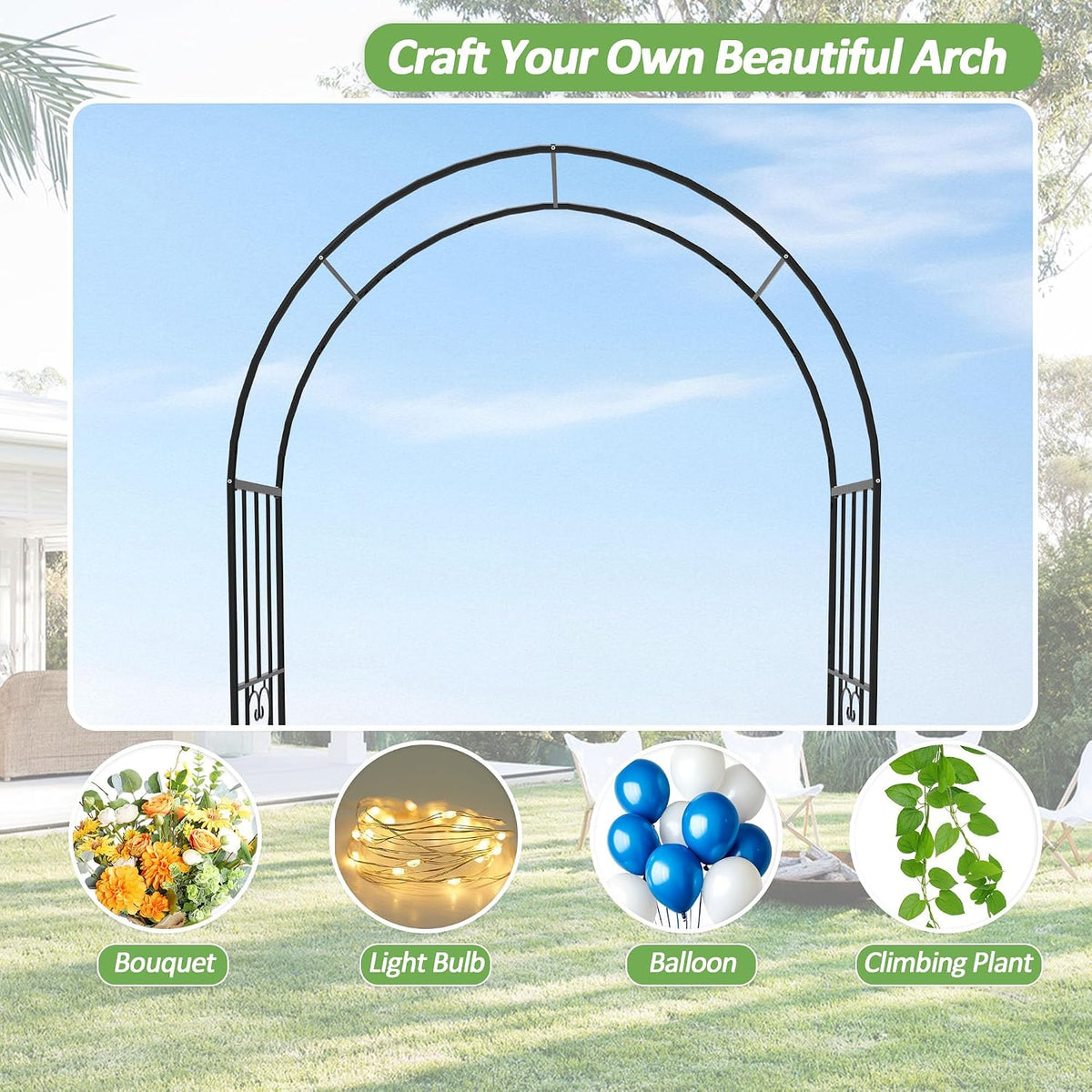 Garden Arch Trellis for Climbing Plants Outdoor - Height: 94.5", Length: 55", Sturdy Metal Garden Arbor with Rust-Proof Coating, Garden Arch for Wedding Decorations and Balloon Arch Stand