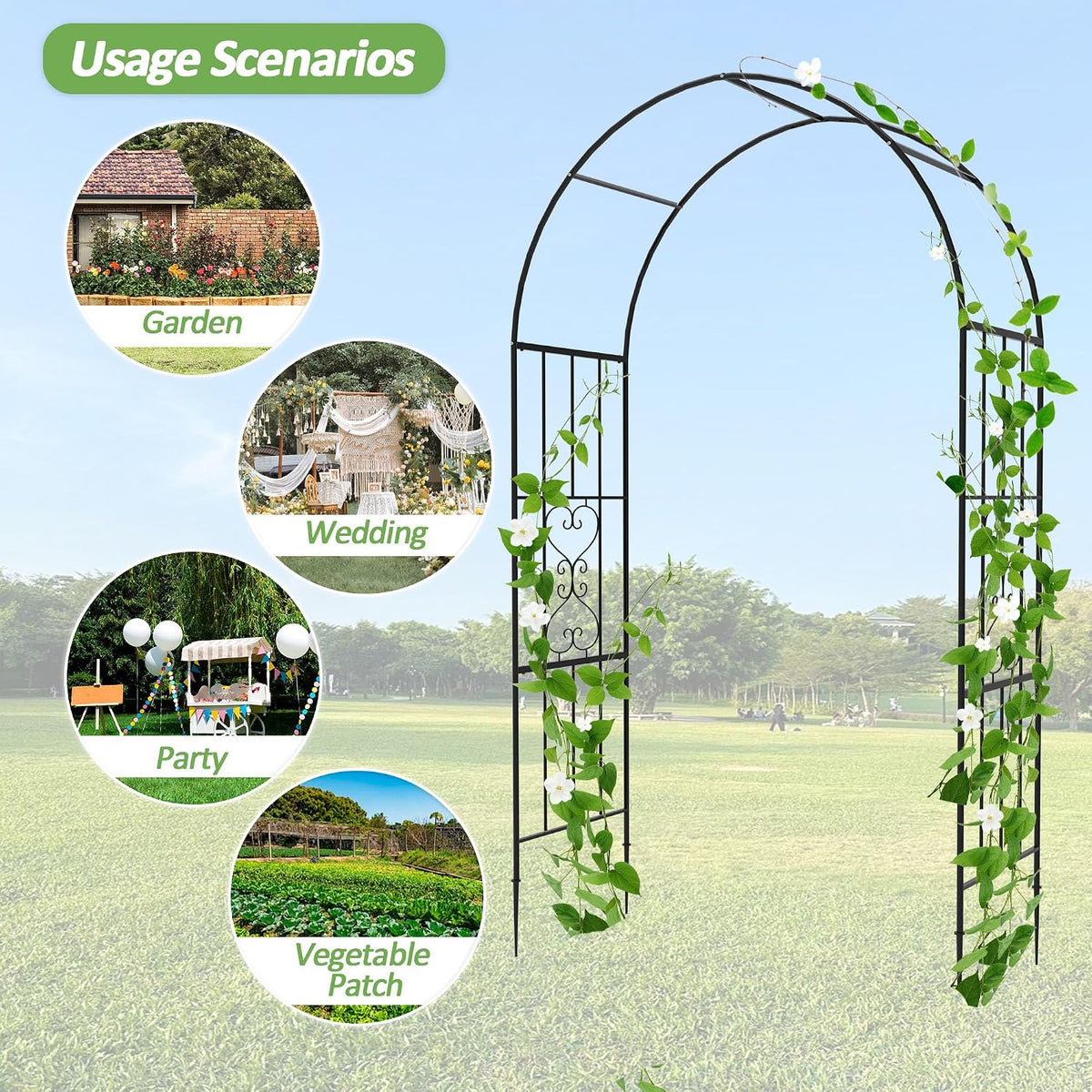 Garden Arch Trellis for Climbing Plants Outdoor - Height: 94.5", Length: 55", Sturdy Metal Garden Arbor with Rust-Proof Coating, Garden Arch for Wedding Decorations and Balloon Arch Stand