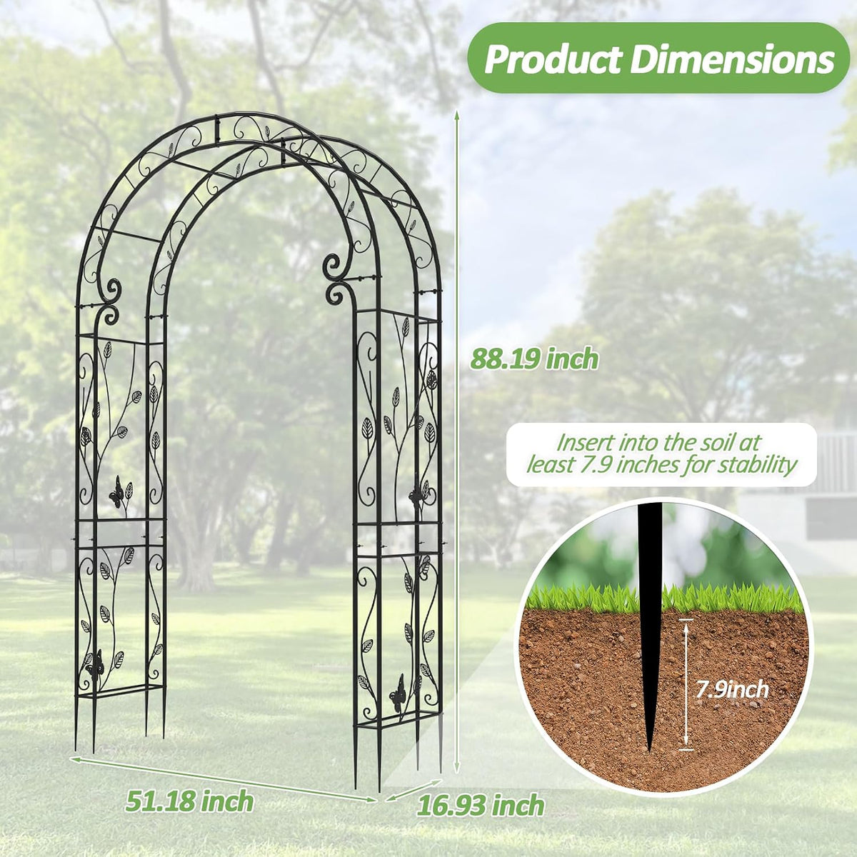 Garden Arch Trellis for Climbing Plants Outdoor - Height: 94.5", Length: 55", Sturdy Metal Garden Arbor with Rust-Proof Coating, Garden Arch for Wedding Decorations and Balloon Arch Stand