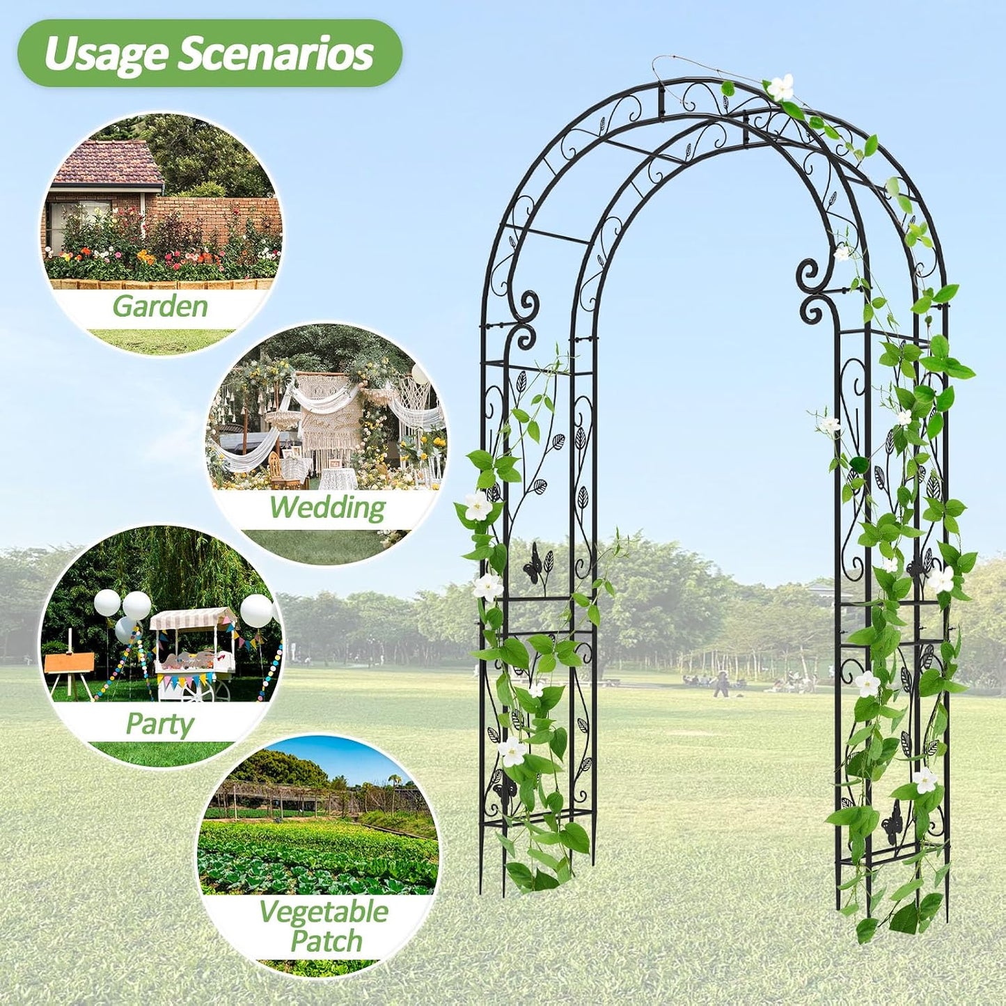 Garden Arch Trellis for Climbing Plants Outdoor - Height: 94.5", Length: 55", Sturdy Metal Garden Arbor with Rust-Proof Coating, Garden Arch for Wedding Decorations and Balloon Arch Stand