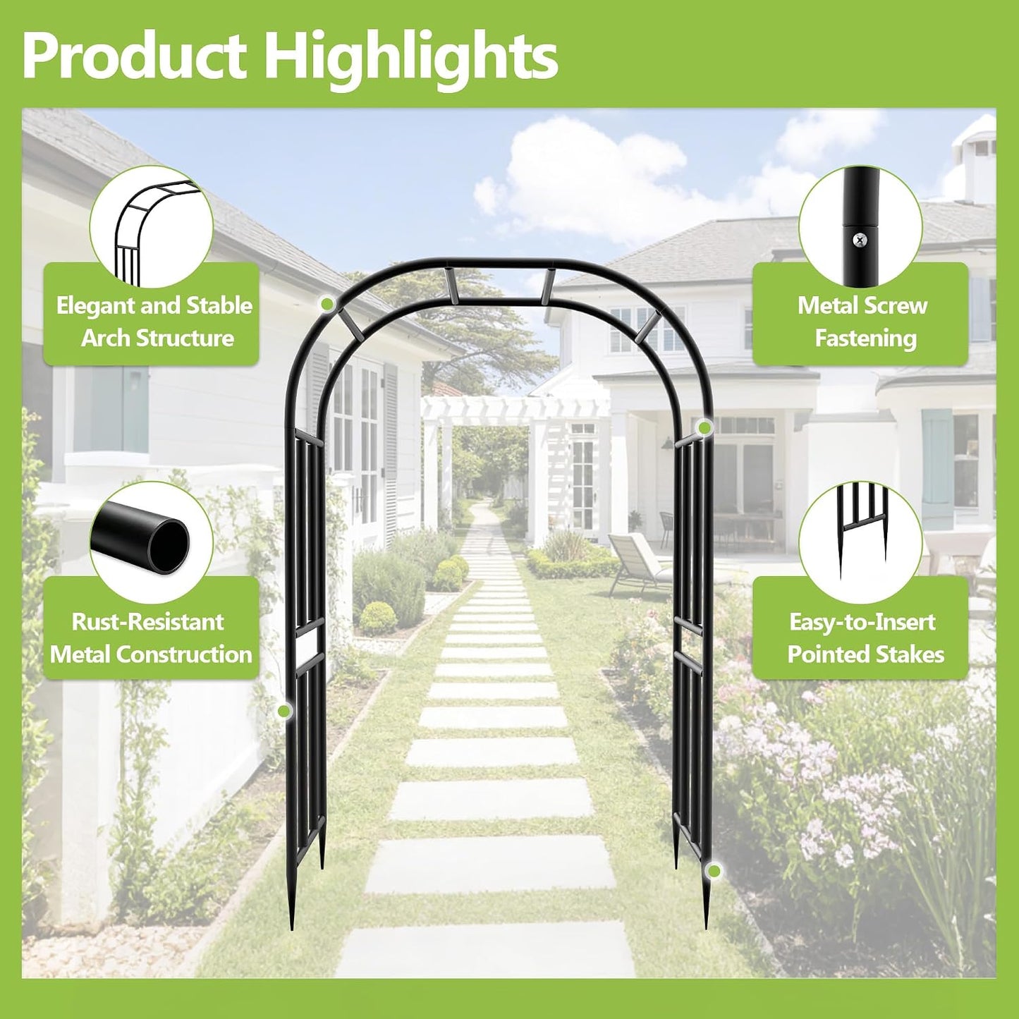 Garden Arch Trellis for Climbing Plants Outdoor - Height: 94.5", Length: 55", Sturdy Metal Garden Arbor with Rust-Proof Coating, Garden Arch for Wedding Decorations and Balloon Arch Stand