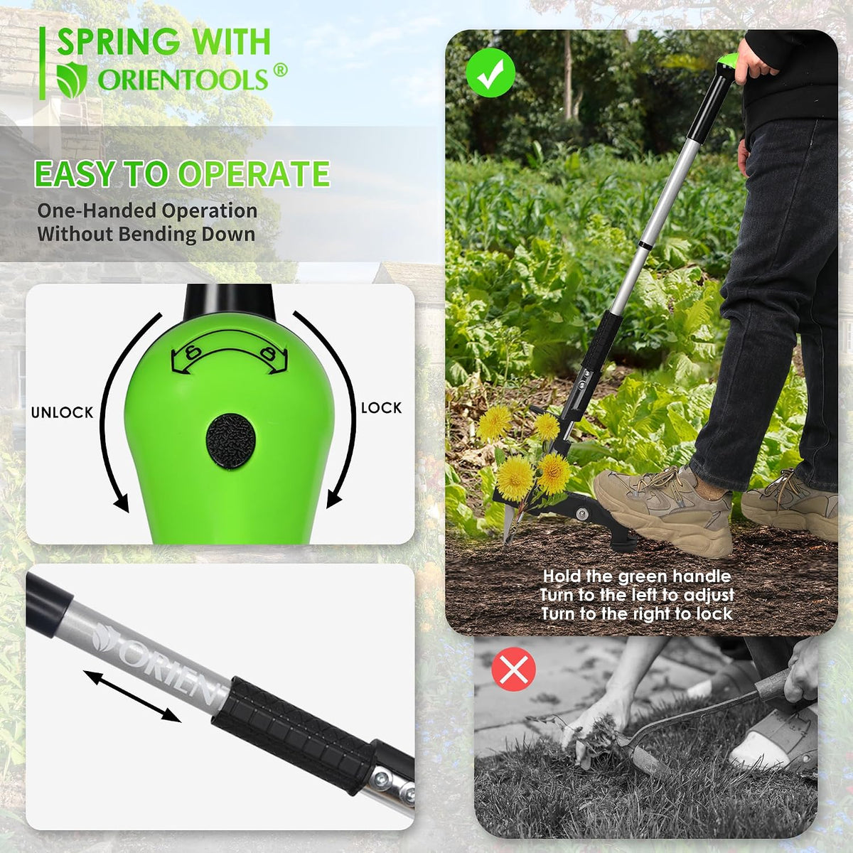 Weed Puller, Stand Up Weed Puller, 32 to 41 inch Long Handle, Upgrade Detachable Telescopic Handle Garden Weeding Tool with 4 Claws for Labor Saving Dandelions Remover Tool
