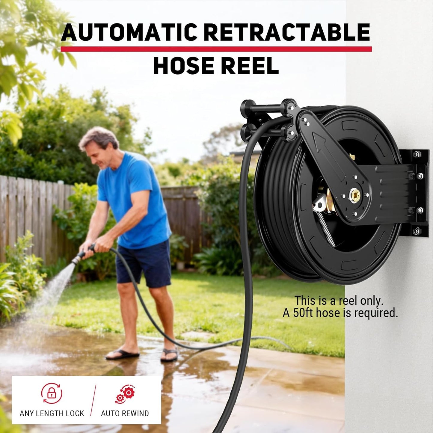 Pressure Washer Hose Reel 3/8" x 50 ft, 4000 PSI Retractable Reel Only