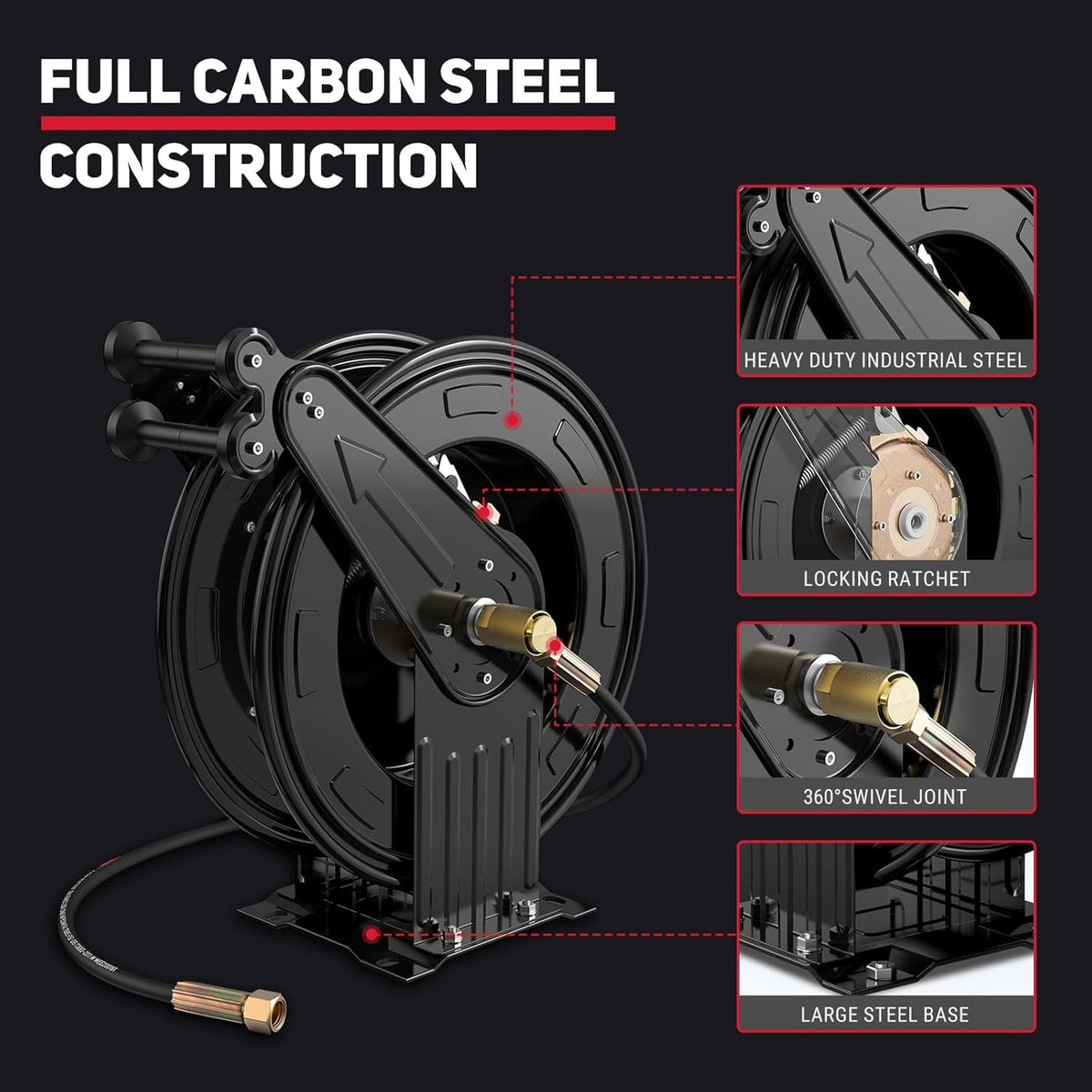 Pressure Washer Hose Reel 3/8" x 50 ft, 4000 PSI Retractable Reel Only