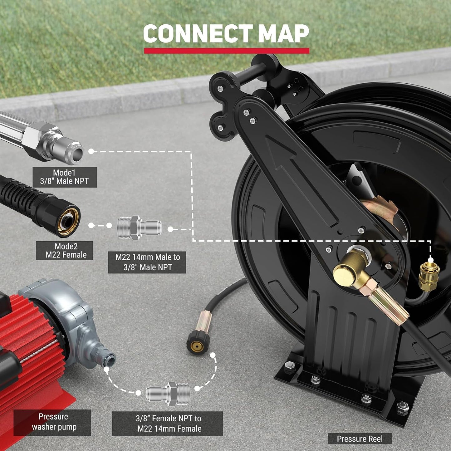 Pressure Washer Hose Reel 3/8" x 50 ft, 4000 PSI Retractable Reel Only