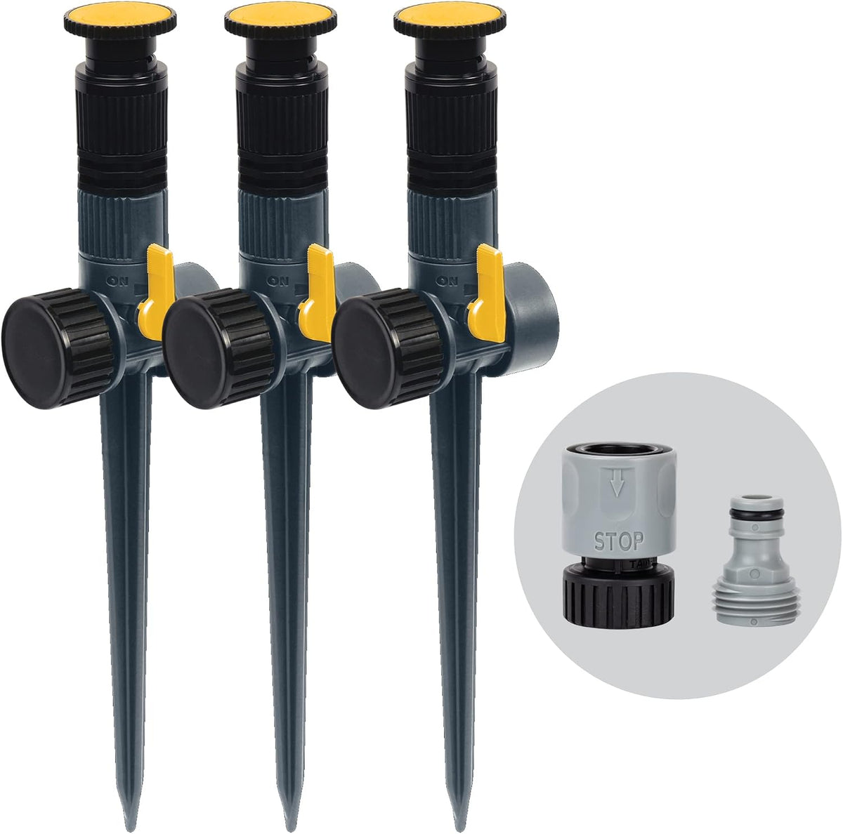 65185AMZ Multi-Adjustable Spike Sprinkler Set, 3 Pack, Waters Up to 30 Ft. Diameter Each, Adjustable Angle Direction and Distance, Flow-Through Base, Quick Connect Bundle