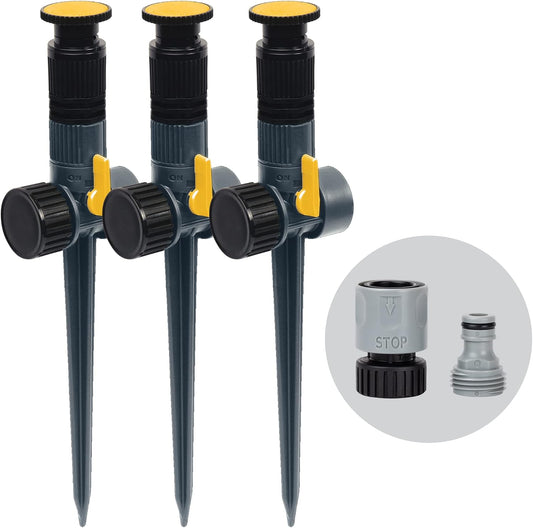65185AMZ Multi-Adjustable Spike Sprinkler Set, 3 Pack, Waters Up to 30 Ft. Diameter Each, Adjustable Angle Direction and Distance, Flow-Through Base, Quick Connect Bundle