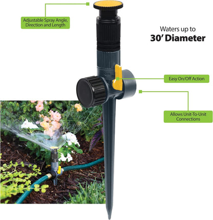 65185AMZ Multi-Adjustable Spike Sprinkler Set, 3 Pack, Waters Up to 30 Ft. Diameter Each, Adjustable Angle Direction and Distance, Flow-Through Base, Quick Connect Bundle