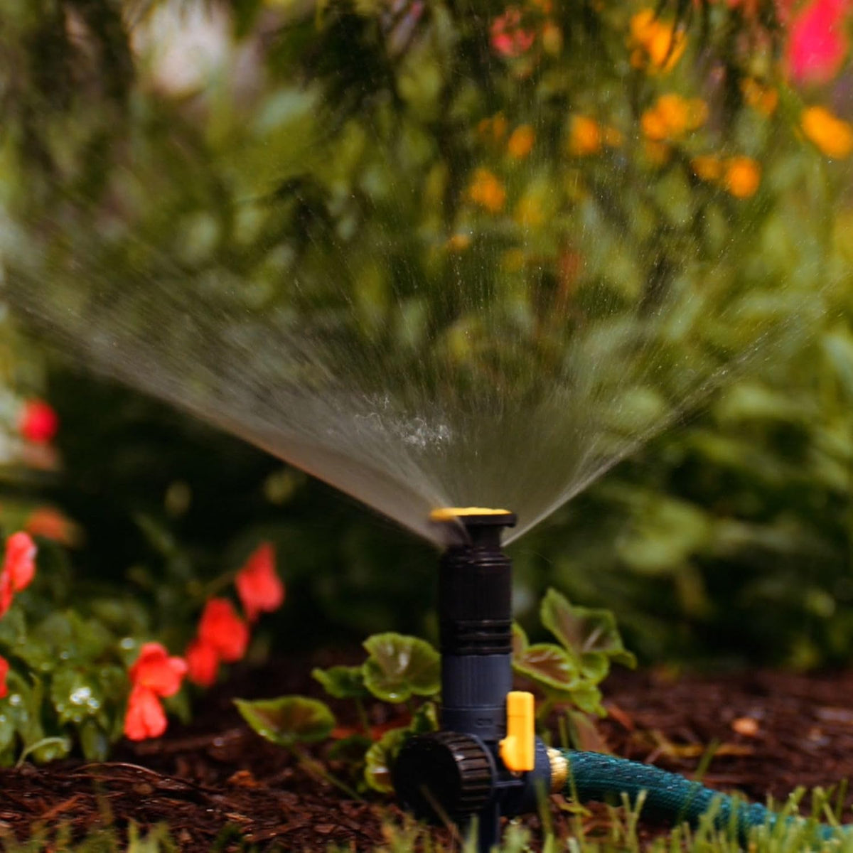 65185AMZ Multi-Adjustable Spike Sprinkler Set, 3 Pack, Waters Up to 30 Ft. Diameter Each, Adjustable Angle Direction and Distance, Flow-Through Base, Quick Connect Bundle