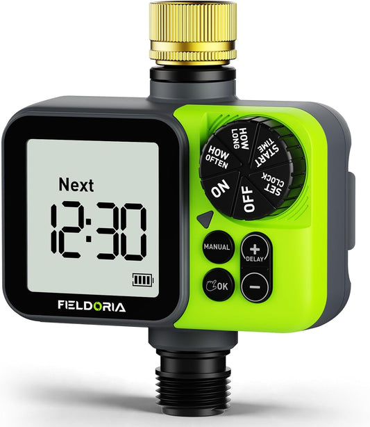 Sprinkler Timer, Brass Inlet Programmable Watering Timer for Garden Hose Fits 3/4” US Faucet, Outdoor Soaker Hose Timer w/Rain Delay/Manual/Automatic Watering, Drip Irrigation for Lawn Yard