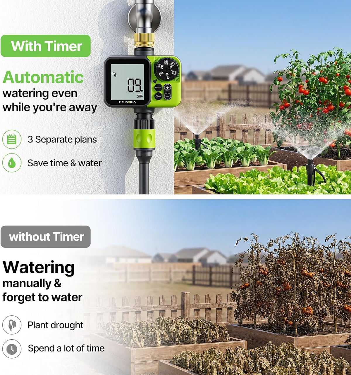 Sprinkler Timer, Brass Inlet Programmable Watering Timer for Garden Hose Fits 3/4” US Faucet, Outdoor Soaker Hose Timer w/Rain Delay/Manual/Automatic Watering, Drip Irrigation for Lawn Yard