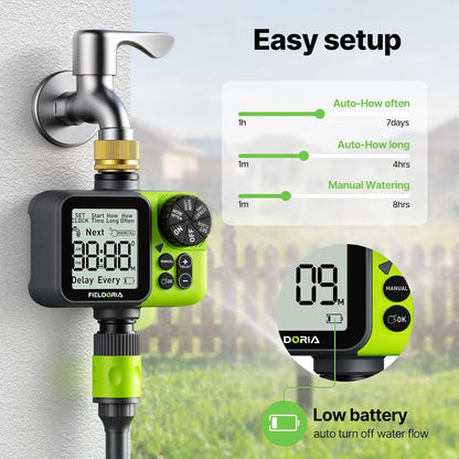 Sprinkler Timer, Brass Inlet Programmable Watering Timer for Garden Hose Fits 3/4” US Faucet, Outdoor Soaker Hose Timer w/Rain Delay/Manual/Automatic Watering, Drip Irrigation for Lawn Yard