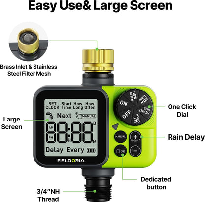 Sprinkler Timer, Brass Inlet Programmable Watering Timer for Garden Hose Fits 3/4” US Faucet, Outdoor Soaker Hose Timer w/Rain Delay/Manual/Automatic Watering, Drip Irrigation for Lawn Yard