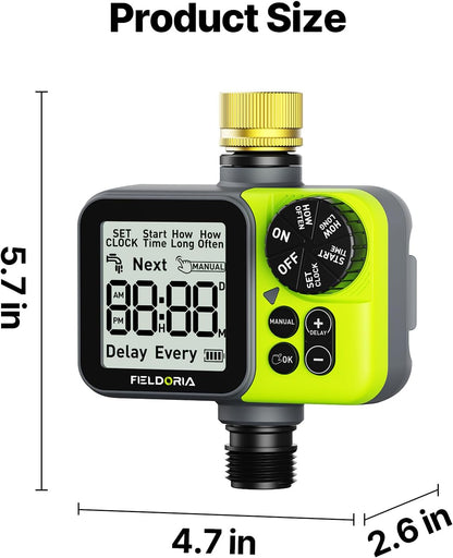 Sprinkler Timer, Brass Inlet Programmable Watering Timer for Garden Hose Fits 3/4” US Faucet, Outdoor Soaker Hose Timer w/Rain Delay/Manual/Automatic Watering, Drip Irrigation for Lawn Yard