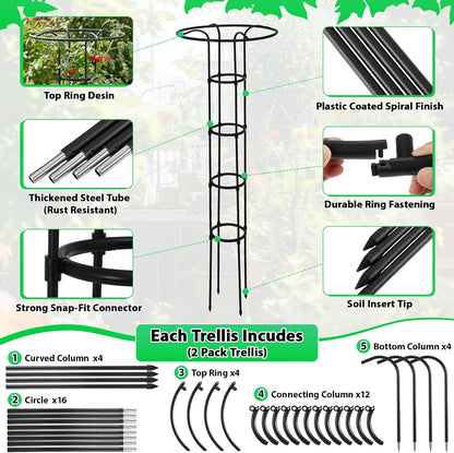 2 Pcs 63 Inch Garden Obelisk Trellis for Climbing Plants Outdoor, Mushroom Top Flower Trellis Rustproof Metal Tomato Trellises for Potted Plants Rose Climbing Vine Tomato Cucumber Grape