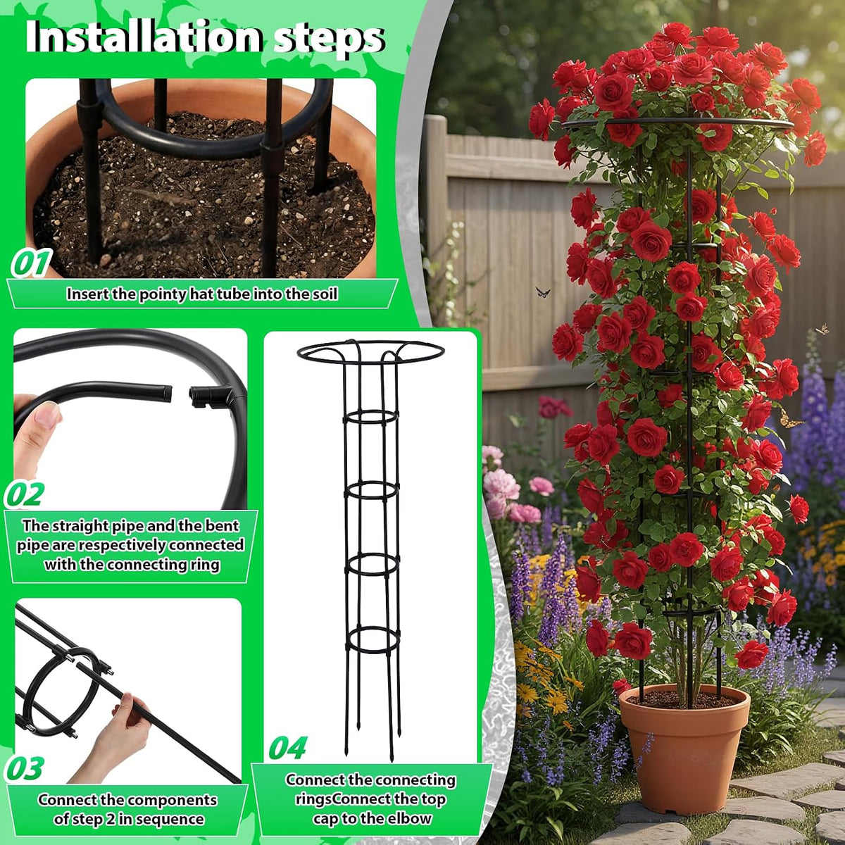 2 Pcs 63 Inch Garden Obelisk Trellis for Climbing Plants Outdoor, Mushroom Top Flower Trellis Rustproof Metal Tomato Trellises for Potted Plants Rose Climbing Vine Tomato Cucumber Grape