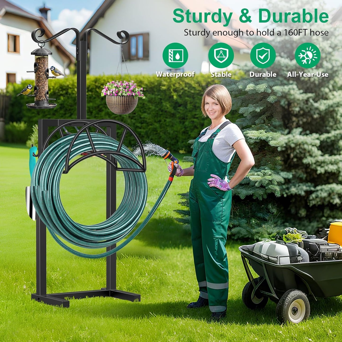 Garden Hose Holder, 4 Spikes Heavy Duty Hose Stand for 160FT Hose