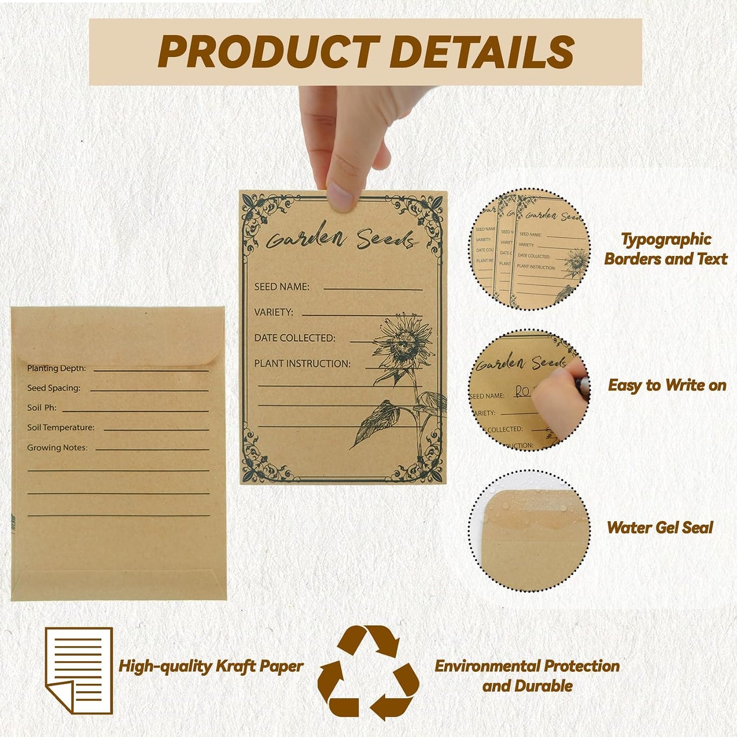 100 Pack Seed Envelopes 4.72*3.15Inch, Self-Seal Small Seed Packets