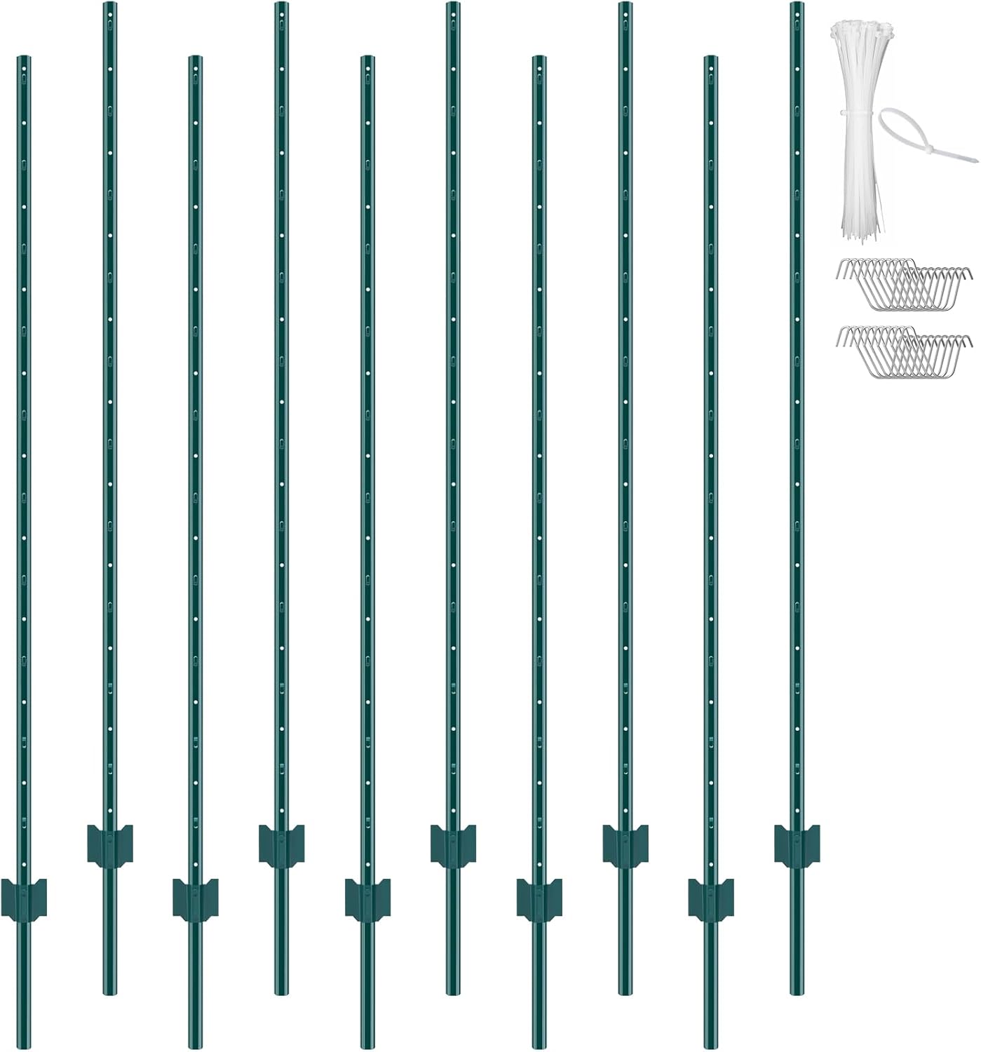 6 Feet Fence Post, 10 Pack U-Channel Heavy Duty Metal Fence Posts with 40 Zip Ties & 20 Clips, Sturdy Steel Fence Stakes for Garden Yard, Lawn, Farms and Outdoor Wire Fencing, Green