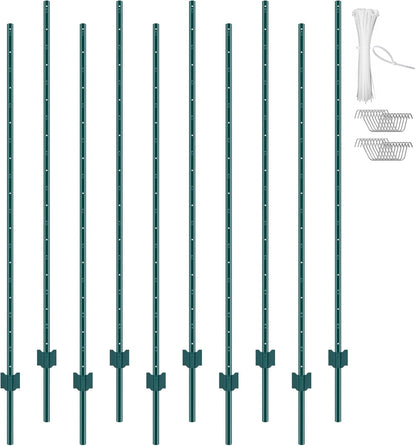 6 Feet Fence Post, 10 Pack U-Channel Heavy Duty Metal Fence Posts with 40 Zip Ties & 20 Clips, Sturdy Steel Fence Stakes for Garden Yard, Lawn, Farms and Outdoor Wire Fencing, Green