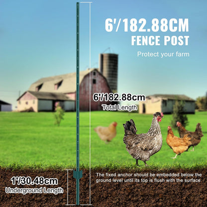 6 Feet Fence Post, 10 Pack U-Channel Heavy Duty Metal Fence Posts with 40 Zip Ties & 20 Clips, Sturdy Steel Fence Stakes for Garden Yard, Lawn, Farms and Outdoor Wire Fencing, Green