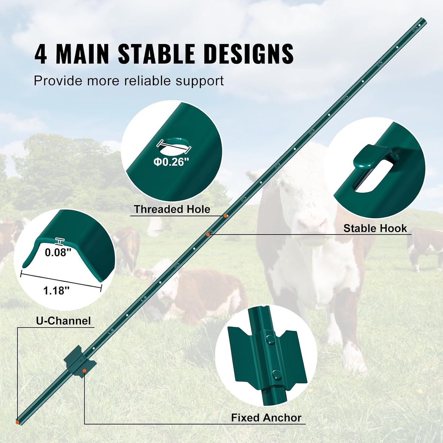 6 Feet Fence Post, 10 Pack U-Channel Heavy Duty Metal Fence Posts with 40 Zip Ties & 20 Clips, Sturdy Steel Fence Stakes for Garden Yard, Lawn, Farms and Outdoor Wire Fencing, Green