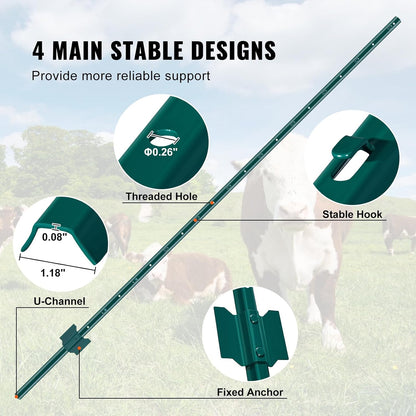 6 Feet Fence Post, 10 Pack U-Channel Heavy Duty Metal Fence Posts with 40 Zip Ties & 20 Clips, Sturdy Steel Fence Stakes for Garden Yard, Lawn, Farms and Outdoor Wire Fencing, Green