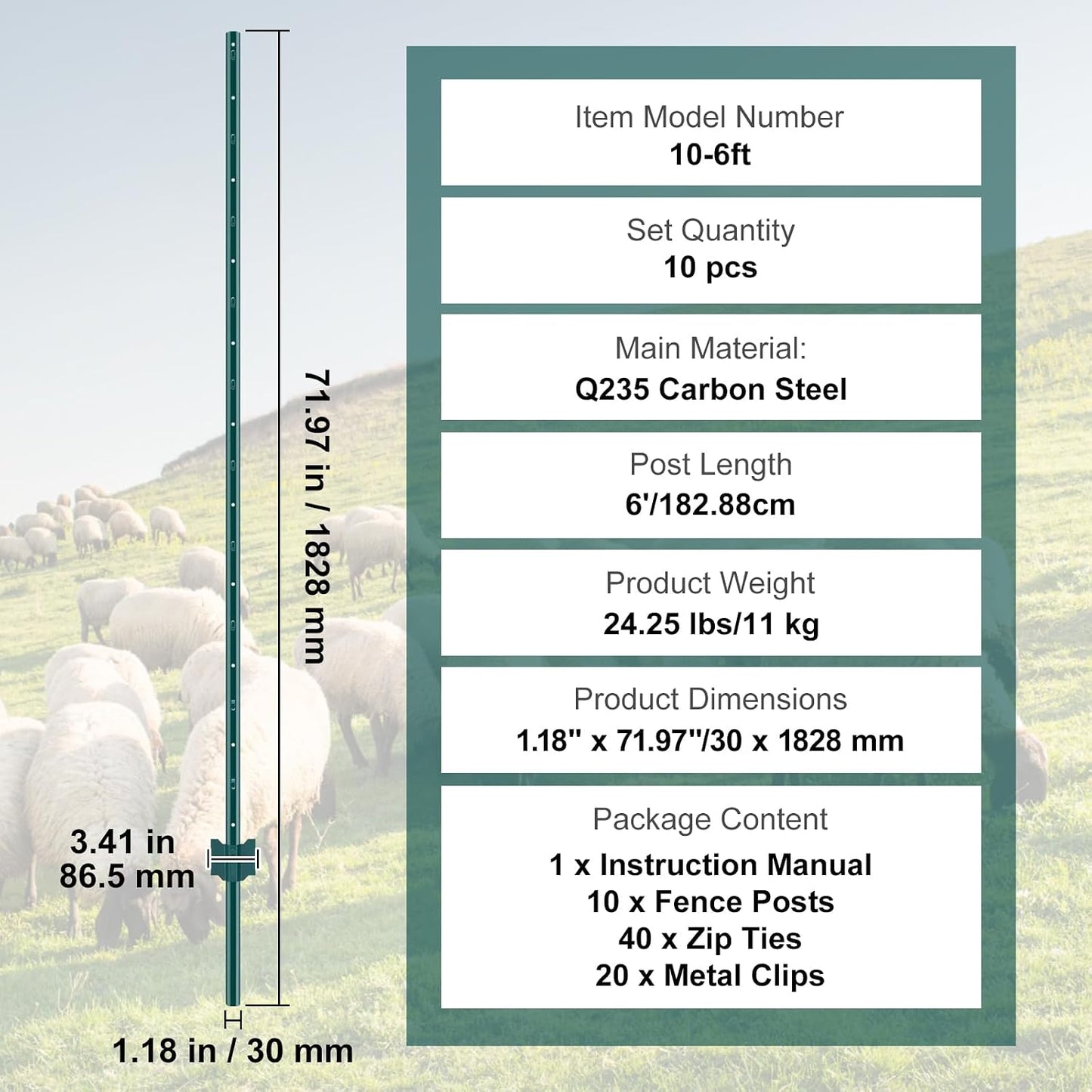 6 Feet Fence Post, 10 Pack U-Channel Heavy Duty Metal Fence Posts with 40 Zip Ties & 20 Clips, Sturdy Steel Fence Stakes for Garden Yard, Lawn, Farms and Outdoor Wire Fencing, Green