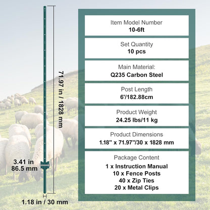 6 Feet Fence Post, 10 Pack U-Channel Heavy Duty Metal Fence Posts with 40 Zip Ties & 20 Clips, Sturdy Steel Fence Stakes for Garden Yard, Lawn, Farms and Outdoor Wire Fencing, Green