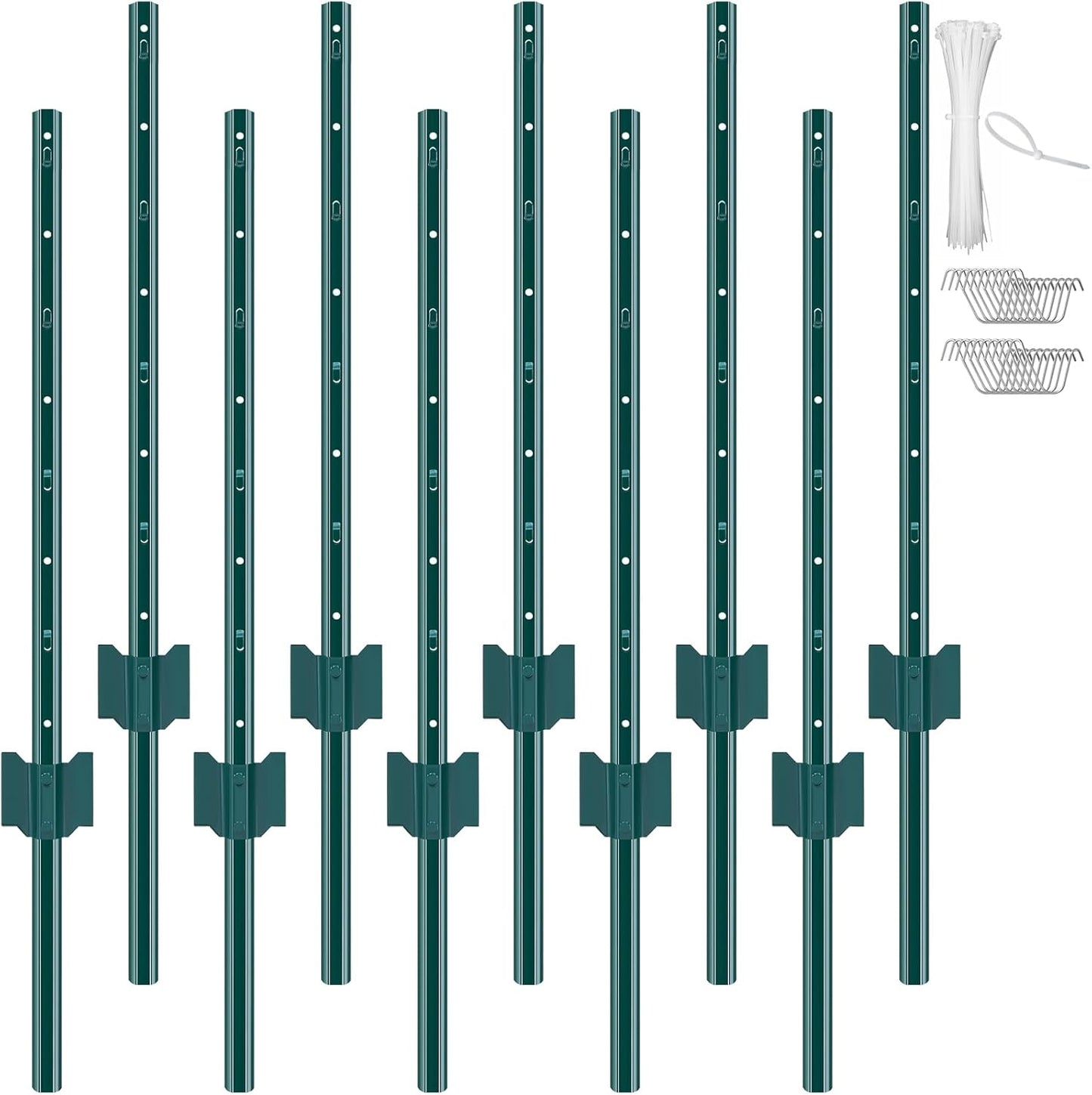 6 Feet Fence Post, 10 Pack U-Channel Heavy Duty Metal Fence Posts with 40 Zip Ties & 20 Clips, Sturdy Steel Fence Stakes for Garden Yard, Lawn, Farms and Outdoor Wire Fencing, Green