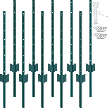 6 Feet Fence Post, 10 Pack U-Channel Heavy Duty Metal Fence Posts with 40 Zip Ties & 20 Clips, Sturdy Steel Fence Stakes for Garden Yard, Lawn, Farms and Outdoor Wire Fencing, Green
