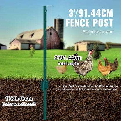 6 Feet Fence Post, 10 Pack U-Channel Heavy Duty Metal Fence Posts with 40 Zip Ties & 20 Clips, Sturdy Steel Fence Stakes for Garden Yard, Lawn, Farms and Outdoor Wire Fencing, Green