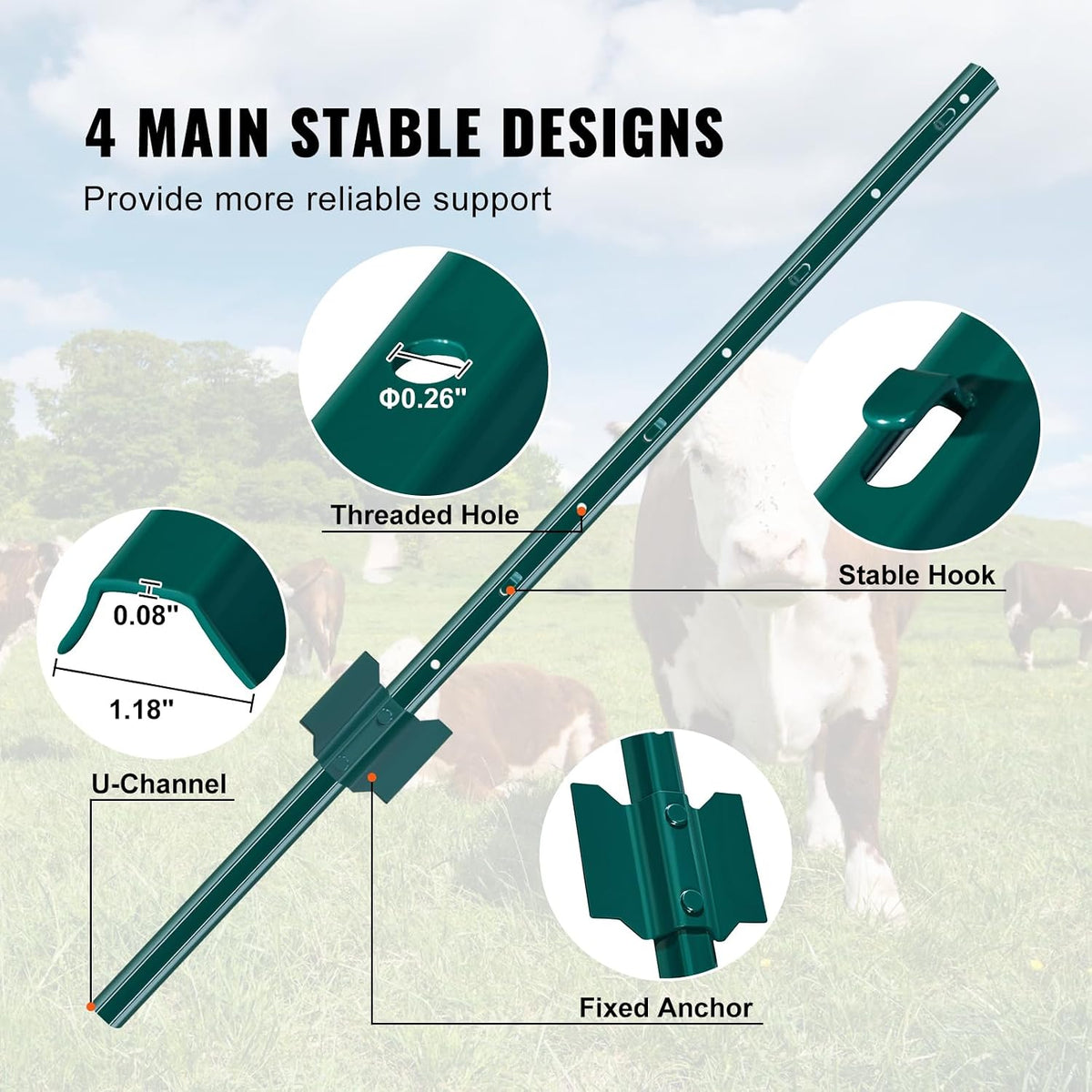 6 Feet Fence Post, 10 Pack U-Channel Heavy Duty Metal Fence Posts with 40 Zip Ties & 20 Clips, Sturdy Steel Fence Stakes for Garden Yard, Lawn, Farms and Outdoor Wire Fencing, Green