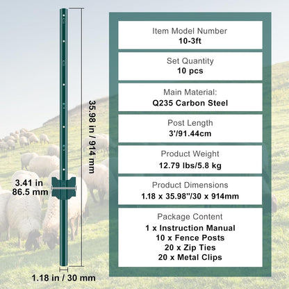 6 Feet Fence Post, 10 Pack U-Channel Heavy Duty Metal Fence Posts with 40 Zip Ties & 20 Clips, Sturdy Steel Fence Stakes for Garden Yard, Lawn, Farms and Outdoor Wire Fencing, Green
