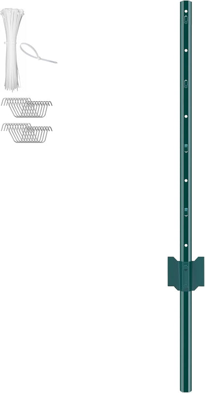 6 Feet Fence Post, 10 Pack U-Channel Heavy Duty Metal Fence Posts with 40 Zip Ties & 20 Clips, Sturdy Steel Fence Stakes for Garden Yard, Lawn, Farms and Outdoor Wire Fencing, Green