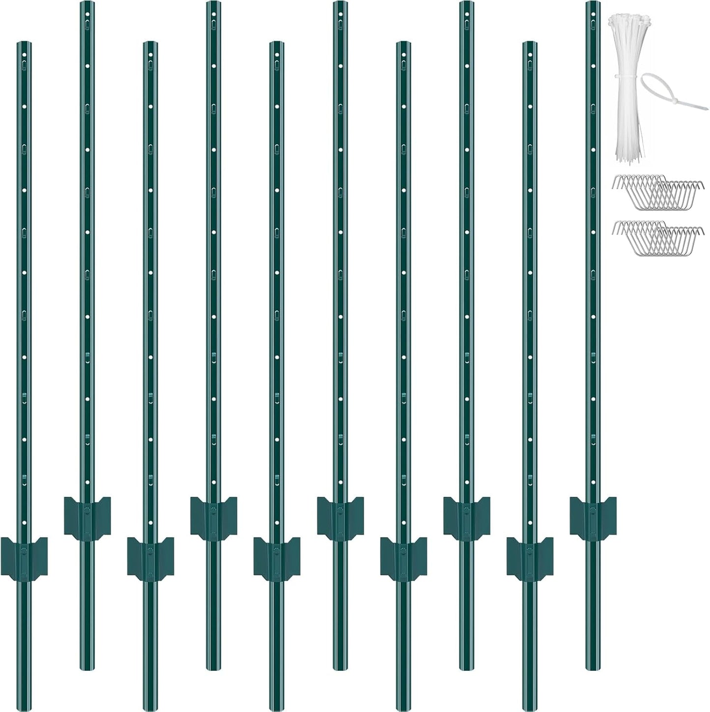 6 Feet Fence Post, 10 Pack U-Channel Heavy Duty Metal Fence Posts with 40 Zip Ties & 20 Clips, Sturdy Steel Fence Stakes for Garden Yard, Lawn, Farms and Outdoor Wire Fencing, Green