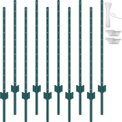 6 Feet Fence Post, 10 Pack U-Channel Heavy Duty Metal Fence Posts with 40 Zip Ties & 20 Clips, Sturdy Steel Fence Stakes for Garden Yard, Lawn, Farms and Outdoor Wire Fencing, Green