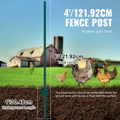 6 Feet Fence Post, 10 Pack U-Channel Heavy Duty Metal Fence Posts with 40 Zip Ties & 20 Clips, Sturdy Steel Fence Stakes for Garden Yard, Lawn, Farms and Outdoor Wire Fencing, Green