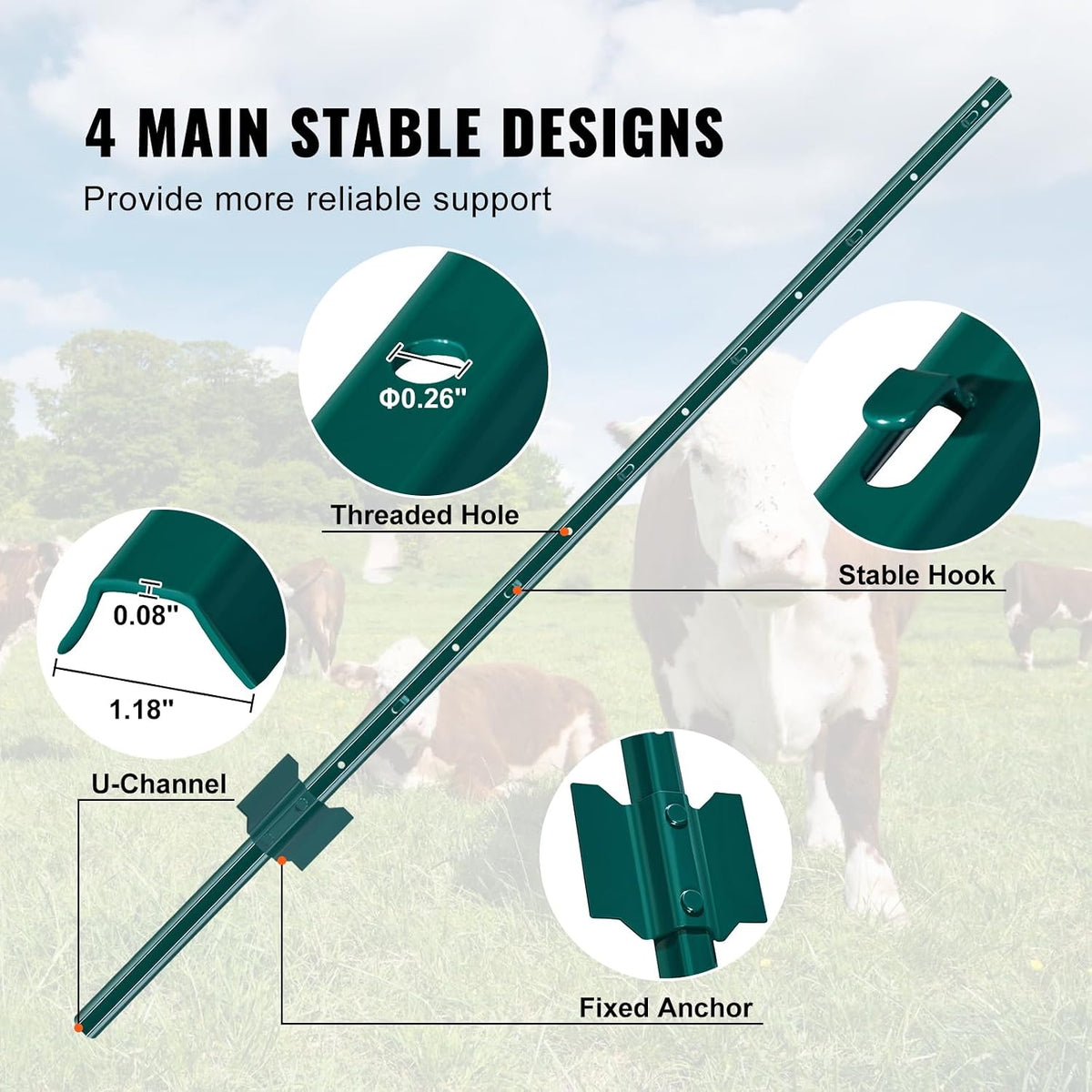 6 Feet Fence Post, 10 Pack U-Channel Heavy Duty Metal Fence Posts with 40 Zip Ties & 20 Clips, Sturdy Steel Fence Stakes for Garden Yard, Lawn, Farms and Outdoor Wire Fencing, Green