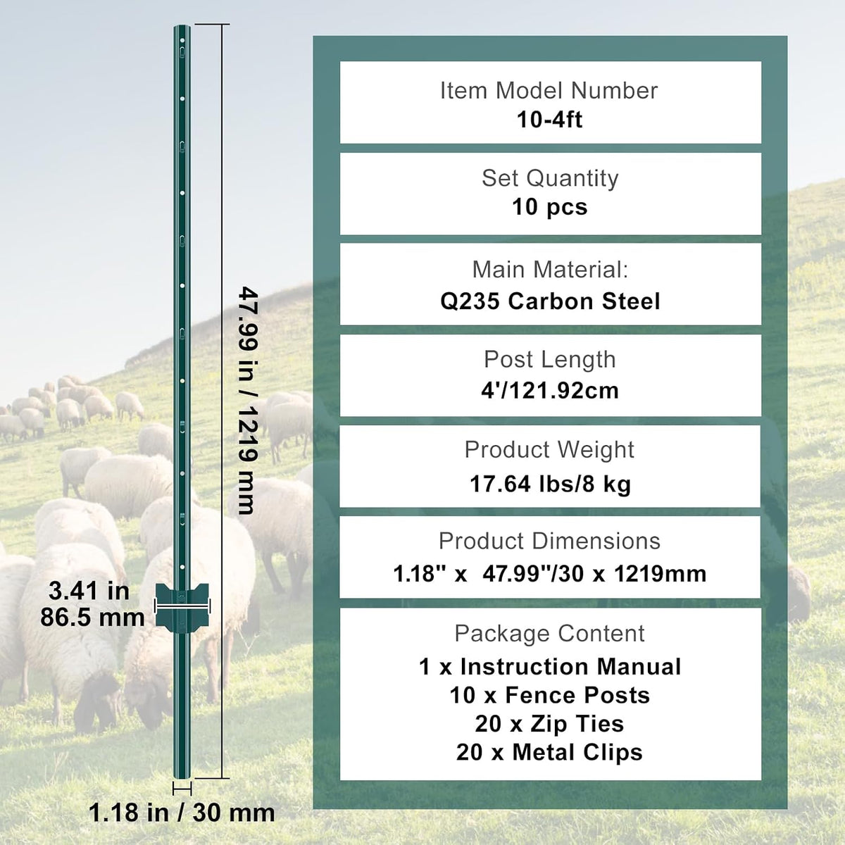 6 Feet Fence Post, 10 Pack U-Channel Heavy Duty Metal Fence Posts with 40 Zip Ties & 20 Clips, Sturdy Steel Fence Stakes for Garden Yard, Lawn, Farms and Outdoor Wire Fencing, Green