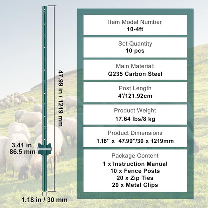 6 Feet Fence Post, 10 Pack U-Channel Heavy Duty Metal Fence Posts with 40 Zip Ties & 20 Clips, Sturdy Steel Fence Stakes for Garden Yard, Lawn, Farms and Outdoor Wire Fencing, Green