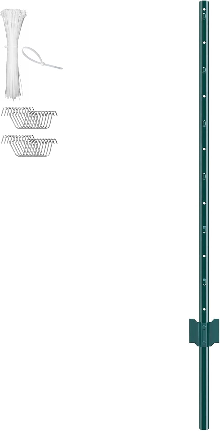 6 Feet Fence Post, 10 Pack U-Channel Heavy Duty Metal Fence Posts with 40 Zip Ties & 20 Clips, Sturdy Steel Fence Stakes for Garden Yard, Lawn, Farms and Outdoor Wire Fencing, Green