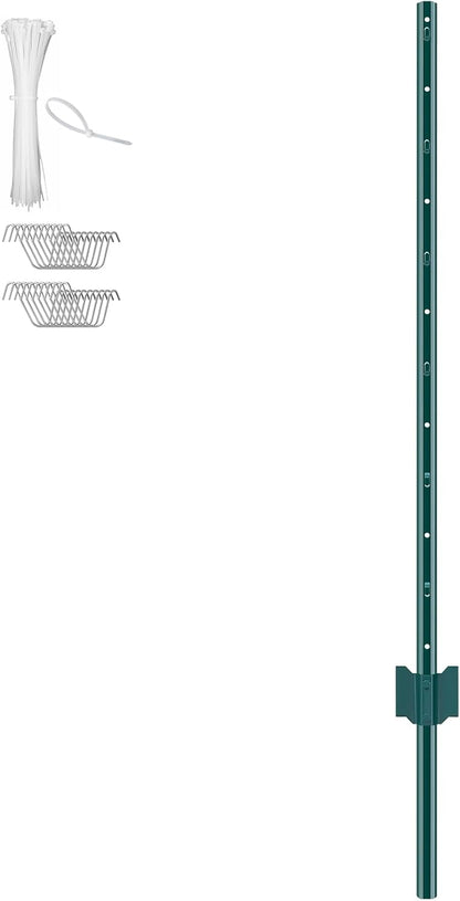 6 Feet Fence Post, 10 Pack U-Channel Heavy Duty Metal Fence Posts with 40 Zip Ties & 20 Clips, Sturdy Steel Fence Stakes for Garden Yard, Lawn, Farms and Outdoor Wire Fencing, Green