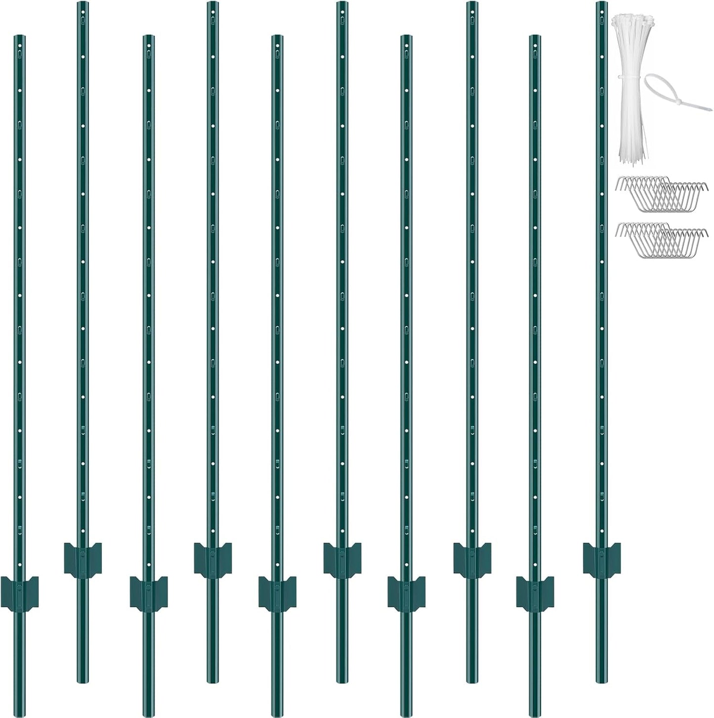 6 Feet Fence Post, 10 Pack U-Channel Heavy Duty Metal Fence Posts with 40 Zip Ties & 20 Clips, Sturdy Steel Fence Stakes for Garden Yard, Lawn, Farms and Outdoor Wire Fencing, Green