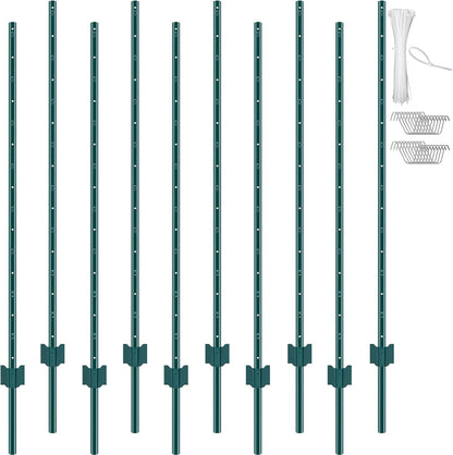 6 Feet Fence Post, 10 Pack U-Channel Heavy Duty Metal Fence Posts with 40 Zip Ties & 20 Clips, Sturdy Steel Fence Stakes for Garden Yard, Lawn, Farms and Outdoor Wire Fencing, Green