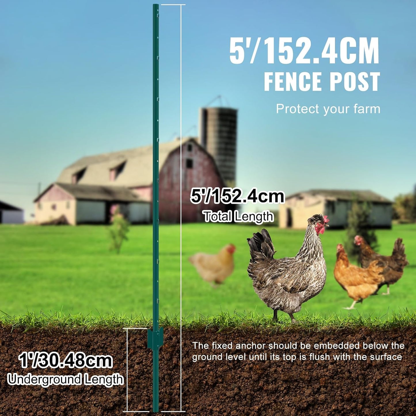 6 Feet Fence Post, 10 Pack U-Channel Heavy Duty Metal Fence Posts with 40 Zip Ties & 20 Clips, Sturdy Steel Fence Stakes for Garden Yard, Lawn, Farms and Outdoor Wire Fencing, Green
