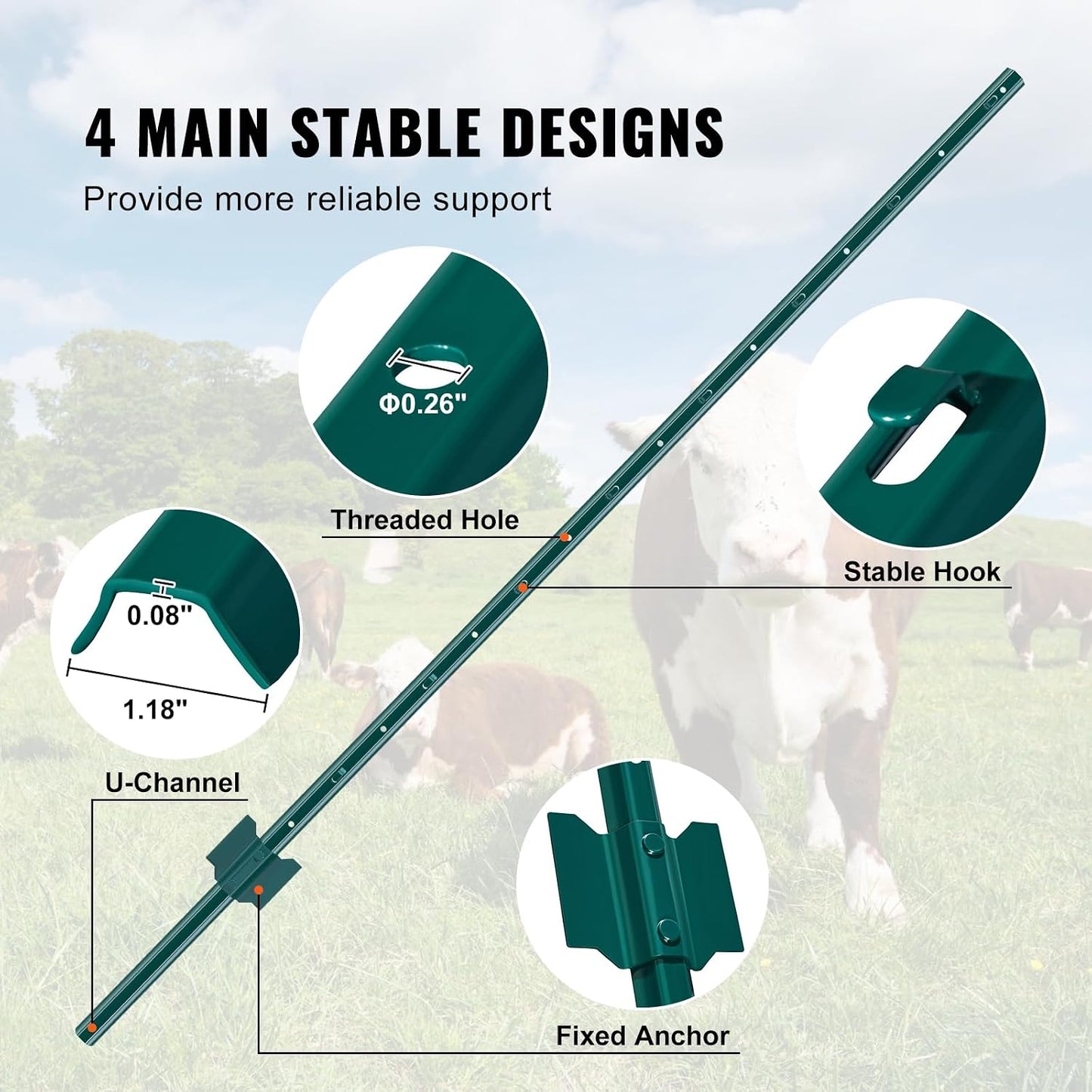 6 Feet Fence Post, 10 Pack U-Channel Heavy Duty Metal Fence Posts with 40 Zip Ties & 20 Clips, Sturdy Steel Fence Stakes for Garden Yard, Lawn, Farms and Outdoor Wire Fencing, Green