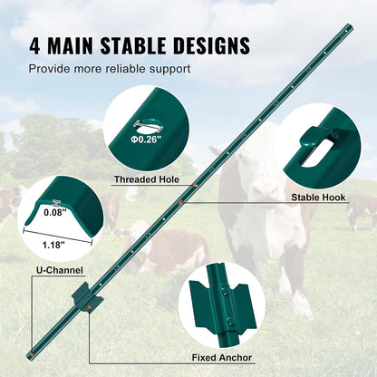 6 Feet Fence Post, 10 Pack U-Channel Heavy Duty Metal Fence Posts with 40 Zip Ties & 20 Clips, Sturdy Steel Fence Stakes for Garden Yard, Lawn, Farms and Outdoor Wire Fencing, Green