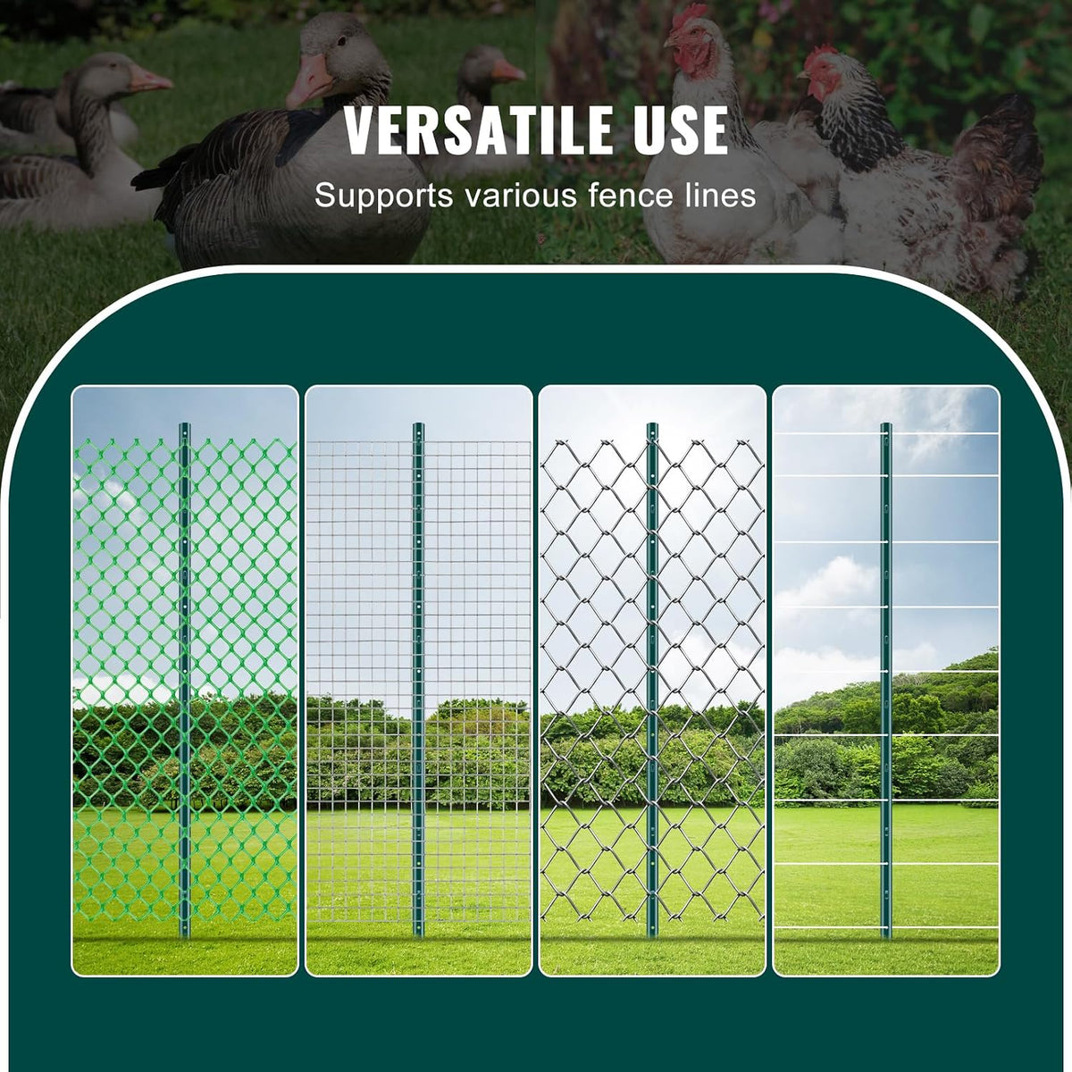 6 Feet Fence Post, 10 Pack U-Channel Heavy Duty Metal Fence Posts with 40 Zip Ties & 20 Clips, Sturdy Steel Fence Stakes for Garden Yard, Lawn, Farms and Outdoor Wire Fencing, Green